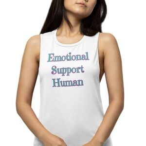 The Blind Medium | White Muscle Tee ‘Emotional Support Human’ graphic print